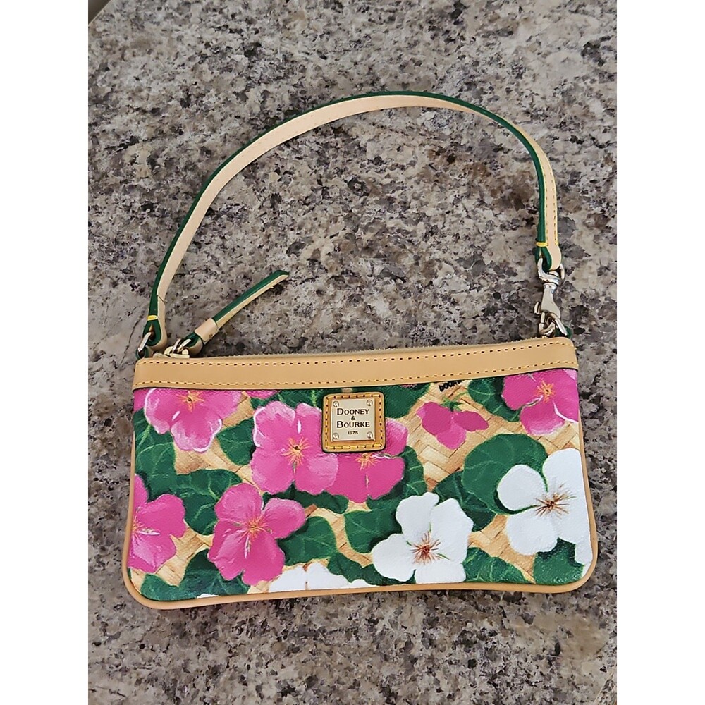 Dooney & Bourke Pink And White Tropical Pansies & Hibiscus Basketweave Wristlet